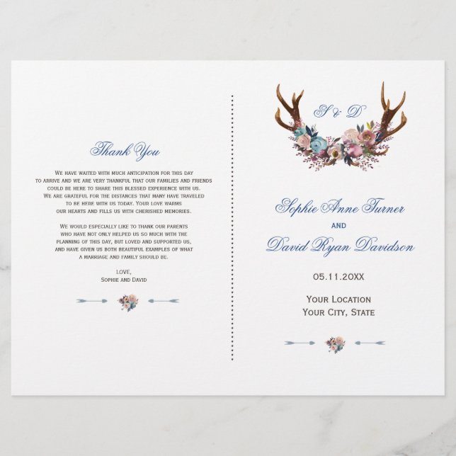Romantic Dusty Blue Pink Floral Antlers Program Flyer (Front)