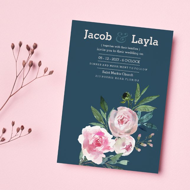 Romantic dusty blue pink peony floral wedding invitation (Romantic dusty blue pink peony floral wedding)