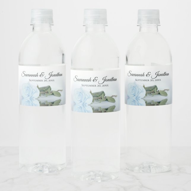 Romantic Dusty Blue Rose Elegant Wedding Water Bottle Label (Bottles)