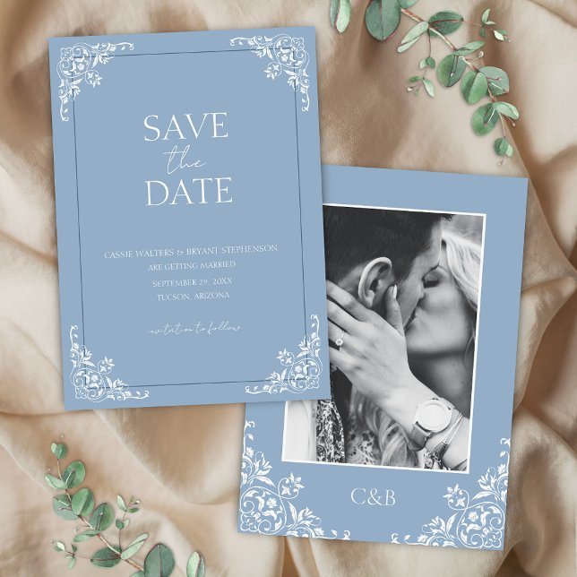 Romantic Dusty Blue Vintage Wedding Invitation (Elegant dusty blue save the date cards for wedding events with simple blue and white theme)