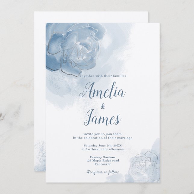 Romantic Dusty Blue Watercolor Floral Invitation (Front/Back)