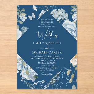 Romantic Dusty Blue Watercolor Floral Wedding Acrylic Invitations