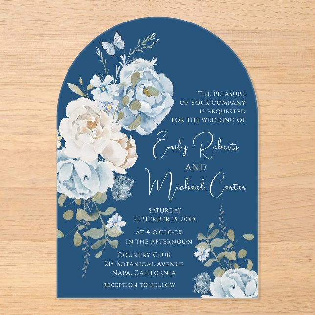 Romantic Dusty Blue Watercolor Floral Wedding Acrylic Invitations (Front)