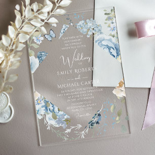Romantic Dusty Blue Watercolor Floral Wedding Acrylic Invitations