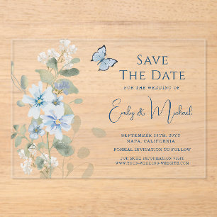 Romantic Dusty Blue Watercolor Floral Wedding Acrylic Invitations