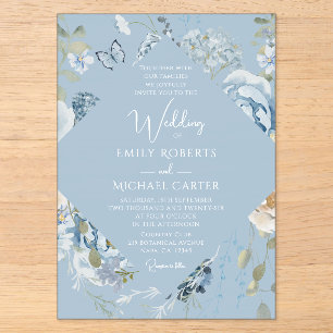 Romantic Dusty Blue Watercolor Floral Wedding Acrylic Invitations