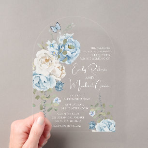 Romantic Dusty Blue Watercolor Floral Wedding Acrylic Invitations