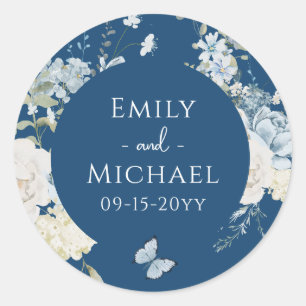 Romantic Dusty Blue Watercolor Floral Wedding Classic Round Sticker