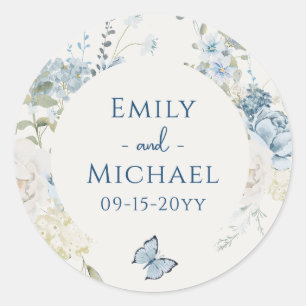Romantic Dusty Blue Watercolor Floral Wedding Classic Round Sticker