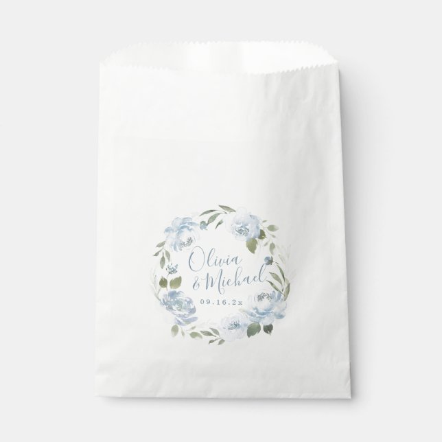 Romantic dusty blue watercolor floral wedding favour bags (Front)