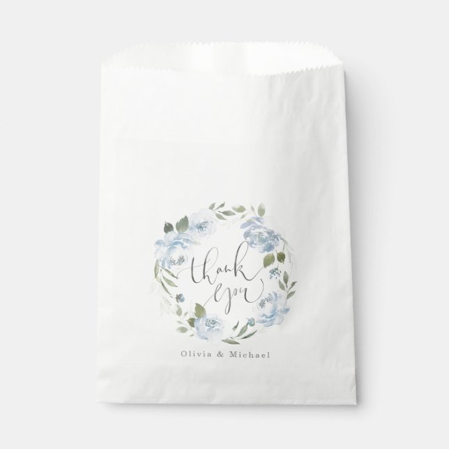 Romantic dusty blue watercolor floral wedding favour bags (Front)