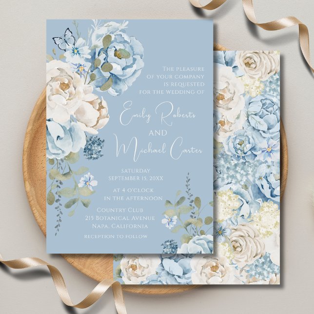 Romantic Dusty Blue Watercolor Floral Wedding Invitation (Creator Uploaded)