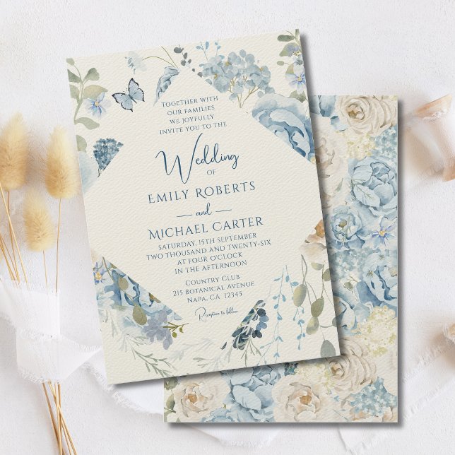 Romantic Dusty Blue Watercolor Floral Wedding Invitation (Creator Uploaded)