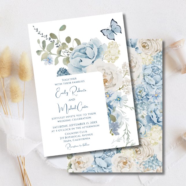 Romantic Dusty Blue Watercolor Floral Wedding Invitation (Creator Uploaded)