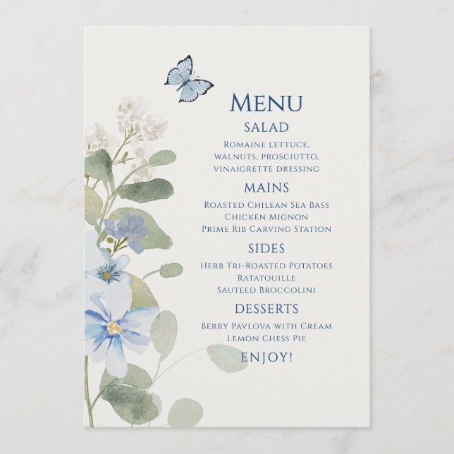 Romantic Dusty Blue Watercolor Floral Wedding Menu (Front)
