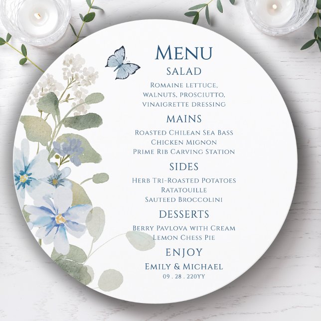 Romantic Dusty Blue Watercolor Floral Wedding Menu (Creator Uploaded)