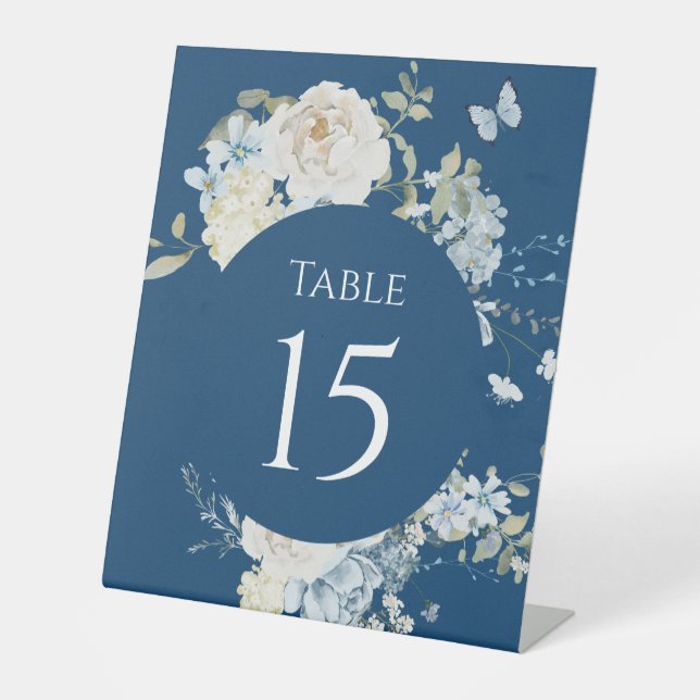 Romantic Dusty Blue Watercolor Floral Wedding Pedestal Sign (Front)