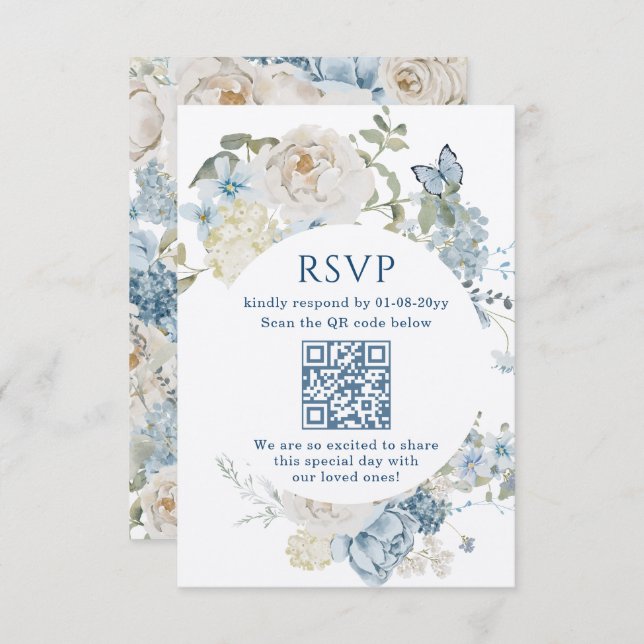 Romantic Dusty Blue Watercolor Floral Wedding RSVP (Front/Back)
