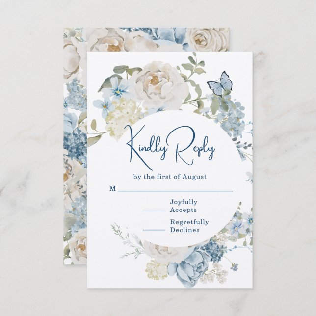 Romantic Dusty Blue Watercolor Floral Wedding RSVP Card (Front/Back)