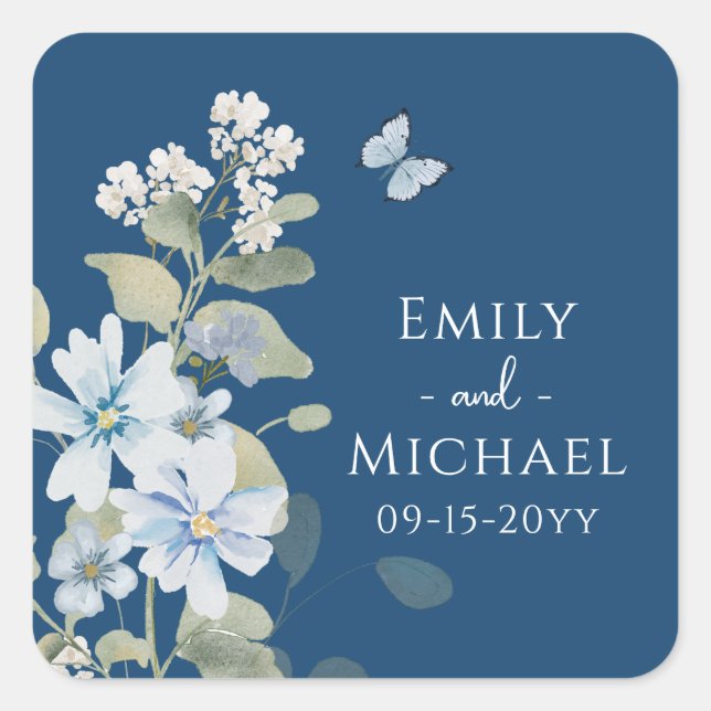 Romantic Dusty Blue Watercolor Floral Wedding Square Sticker (Front)