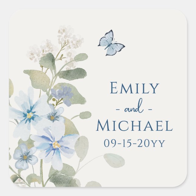 Romantic Dusty Blue Watercolor Floral Wedding Square Sticker (Front)
