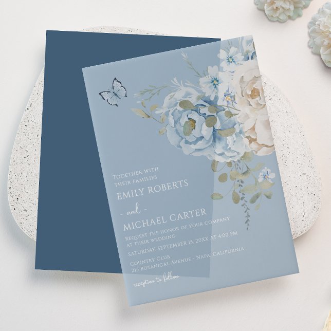 Romantic Dusty Blue Watercolor Floral Wedding Vellum Invitations (Creator Uploaded)