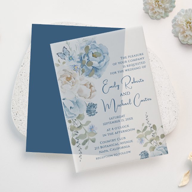 Romantic Dusty Blue Watercolor Floral Wedding Vellum Invitations (Creator Uploaded)