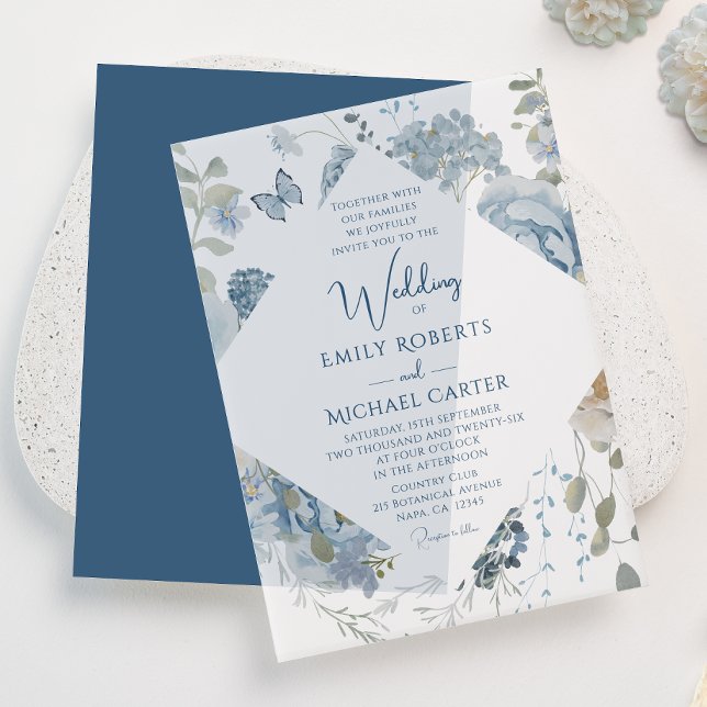 Romantic Dusty Blue Watercolor Floral Wedding Vellum Invitations (Creator Uploaded)