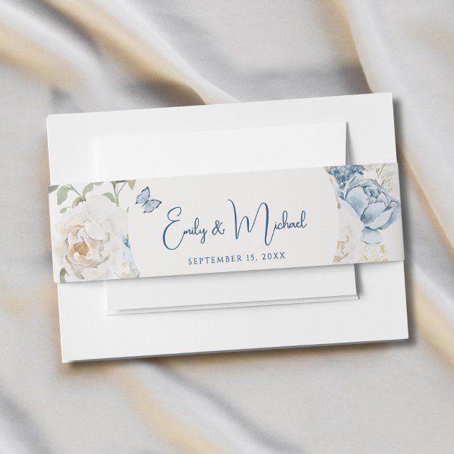 Romantic Dusty Blue Welcome Floral Wedding Invitation Belly Band (Creator Uploaded)