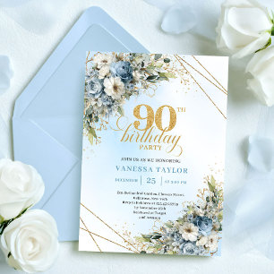 Romantic Dusty Blue White Floral 90th Birthday Invitation