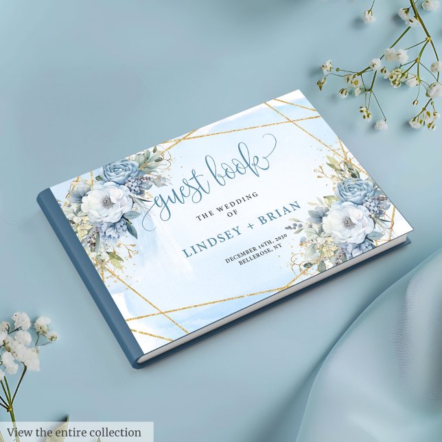 Romantic Dusty Blue White Gold Flowers Guest Book (Romantic Dusty Blue White Gold Flowers Guest Book)