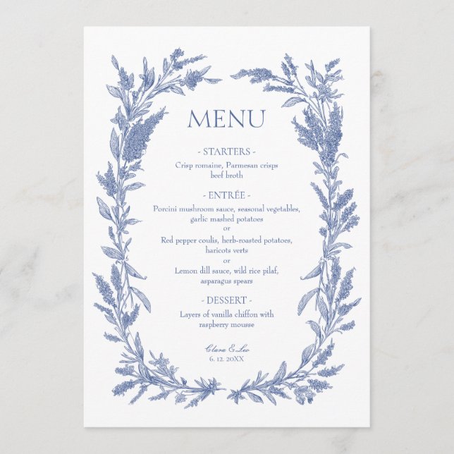Romantic Dusty Blue Wildflower Wreath Wedding Menu (Front)