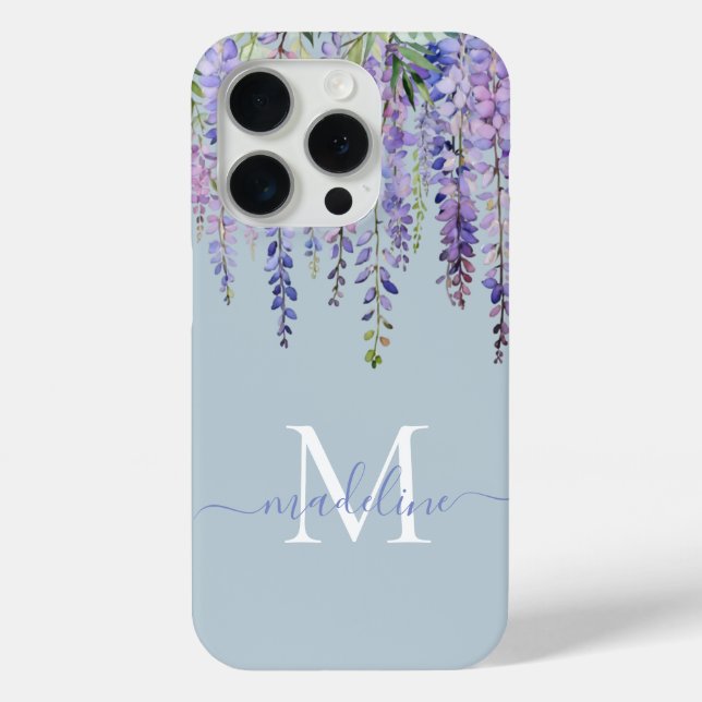 Romantic Dusty Blue Wisteria Monogram Script Name Case-Mate iPhone Case (Back)