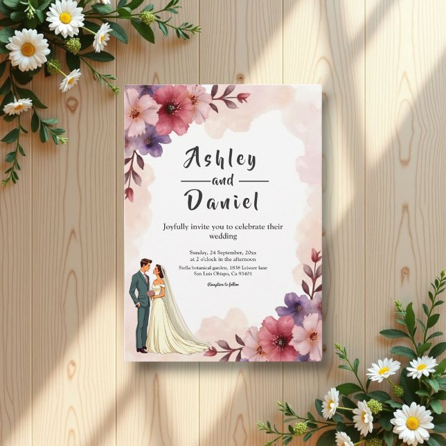 Romantic Dusty Floral Bride And Groom Chic Wedding Invitation (Creator Uploaded)