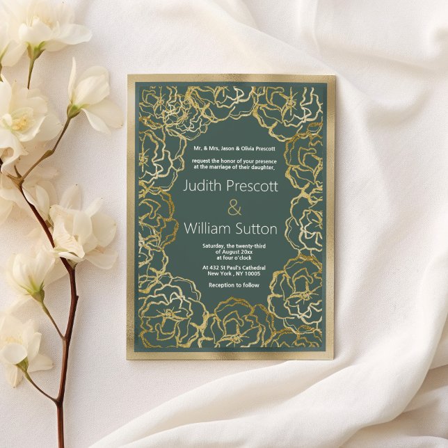 Romantic dusty green gold rose floral Wedding Invitation (Romantic dusty green gold rose floral Wedding )