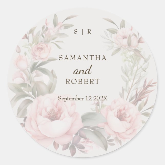 Romantic Dusty Pink Faded Floral Rose  Classic Round Sticker (Front)