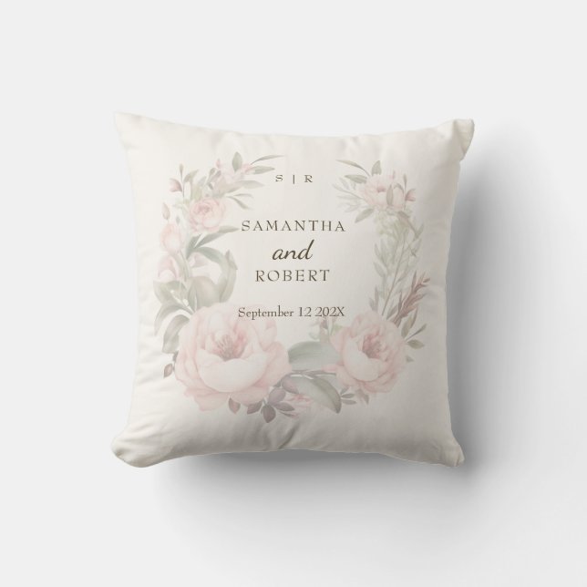 Romantic Dusty Pink Faded Floral Rose Monogram Cushion (Front)