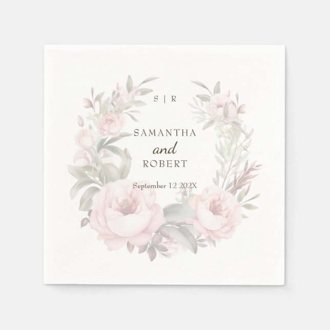 Romantic Dusty Pink Faded Floral Rose Monogram Napkin (Front)