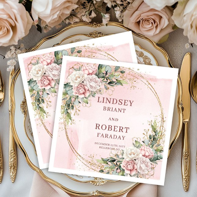Romantic Dusty Pink Flowers Greenery Gold Glitter  Napkin (Romantic Dusty Pink Flowers Greenery Gold Glitter Napkins)