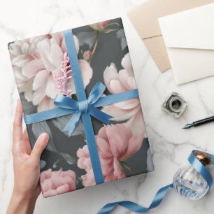 Romantic Dusty Pink Peony Grey Floral Pattern Wrapping Paper