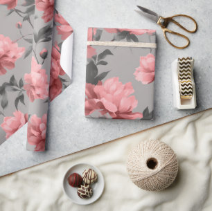 Romantic Dusty Pink Peony Grey Floral Pattern Wrapping Paper