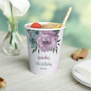 romantic dusty purple and blue flowers paper cups