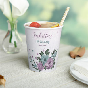 romantic dusty purple and blue flowers paper cups