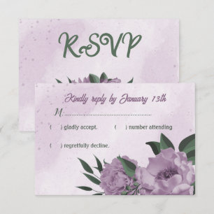 romantic dusty purple flowers green leaves wedding RSVP card