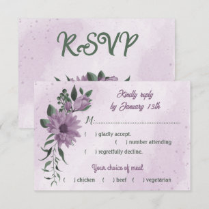 romantic dusty purple flowers greenery meal choice RSVP card