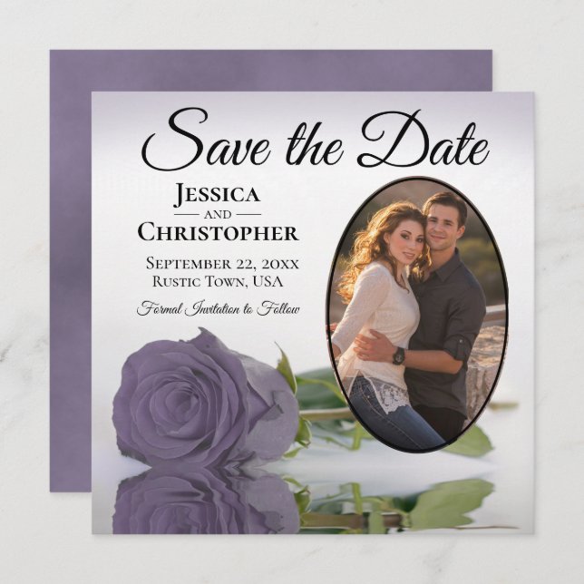 Romantic Dusty Purple Rose with Oval Photo Wedding Save The Date (Front/Back)