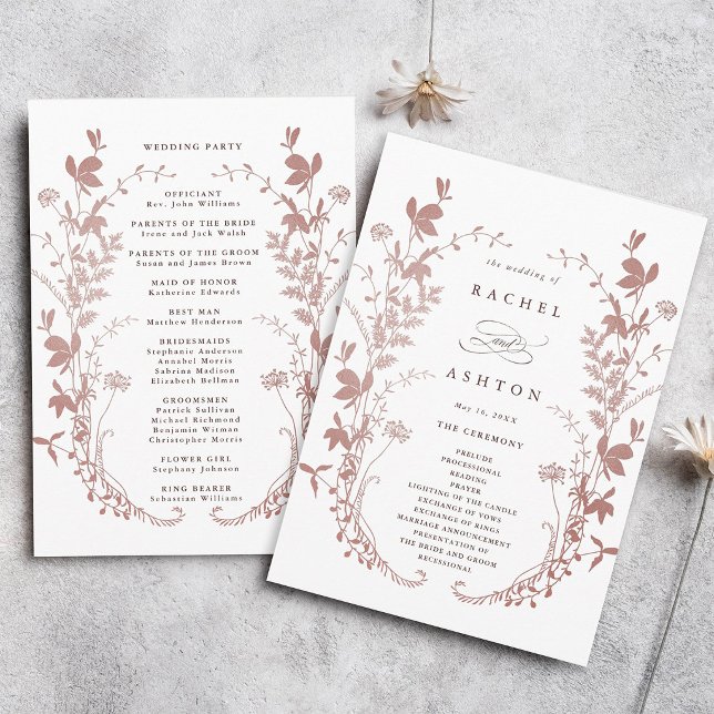 Romantic Dusty Rose Botanical Wedding Ceremony Programme (Front & Back)