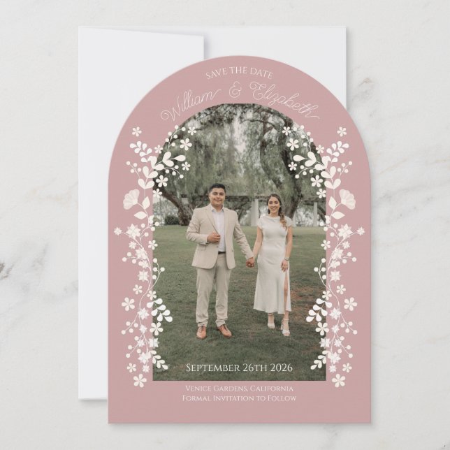 Romantic Dusty Rose Floral Arch Save the Date Invitation (Front)