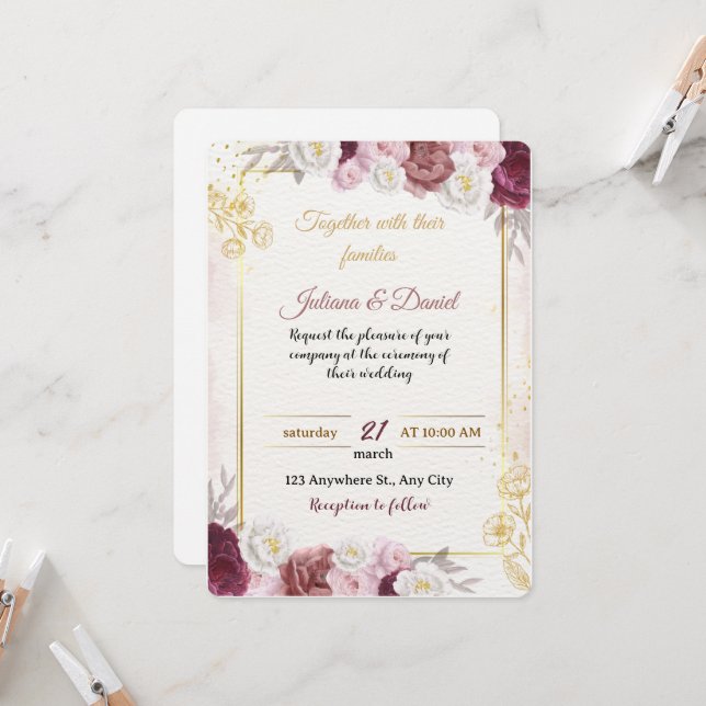 Romantic Dusty Rose Floral Wedding Invitation | Bo (Front/Back In Situ)