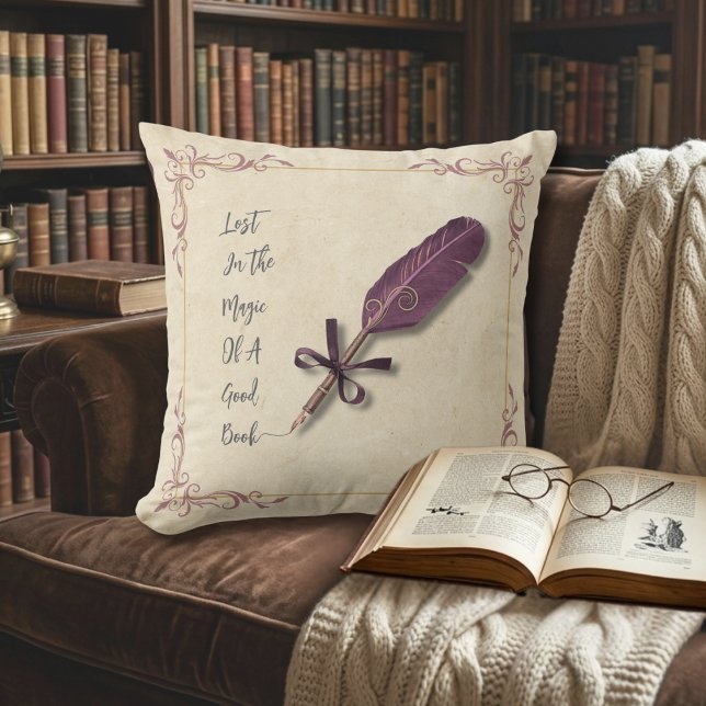 Romantic Dusty Rose Literary Quill Cushion (Create a cozy literary escape with this romantic dusty rose storybook throw pillow.)